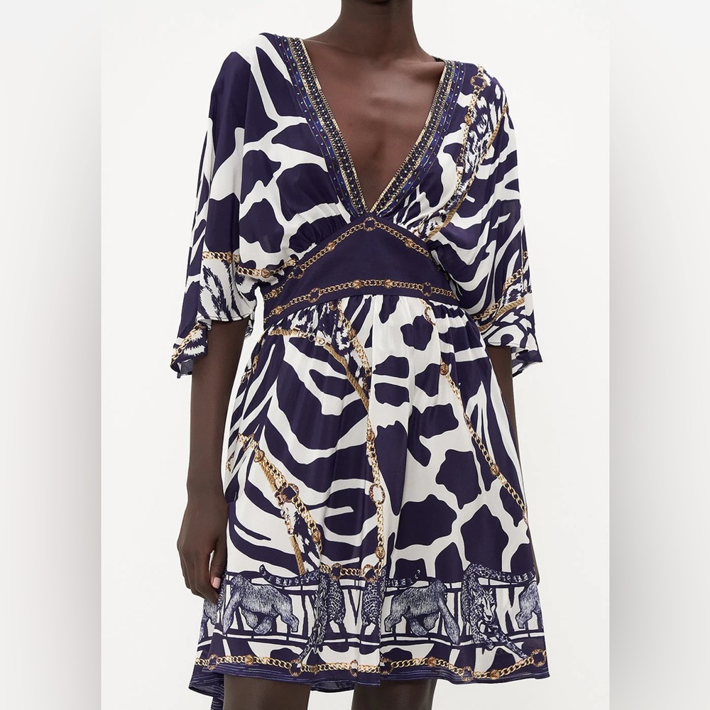 CAMILLA Crystal Embellished Printed Silk Crepe Mini Dress - Dark Purple Size M